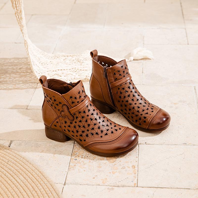 Johnature Hollow-out Genuine Leather Short Boots Retro Thick Heel Breathable Soft Soled Women's Shoes
