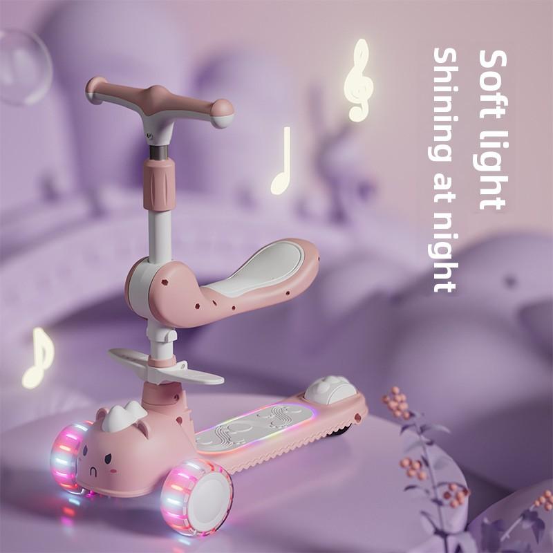 2-In-1 Children'S Scooter Baby Kickboard 3 Height Adjustable 3-Wheel Music Light Foldable Micro Kcik Scooter Boy Girl Ages 2-10