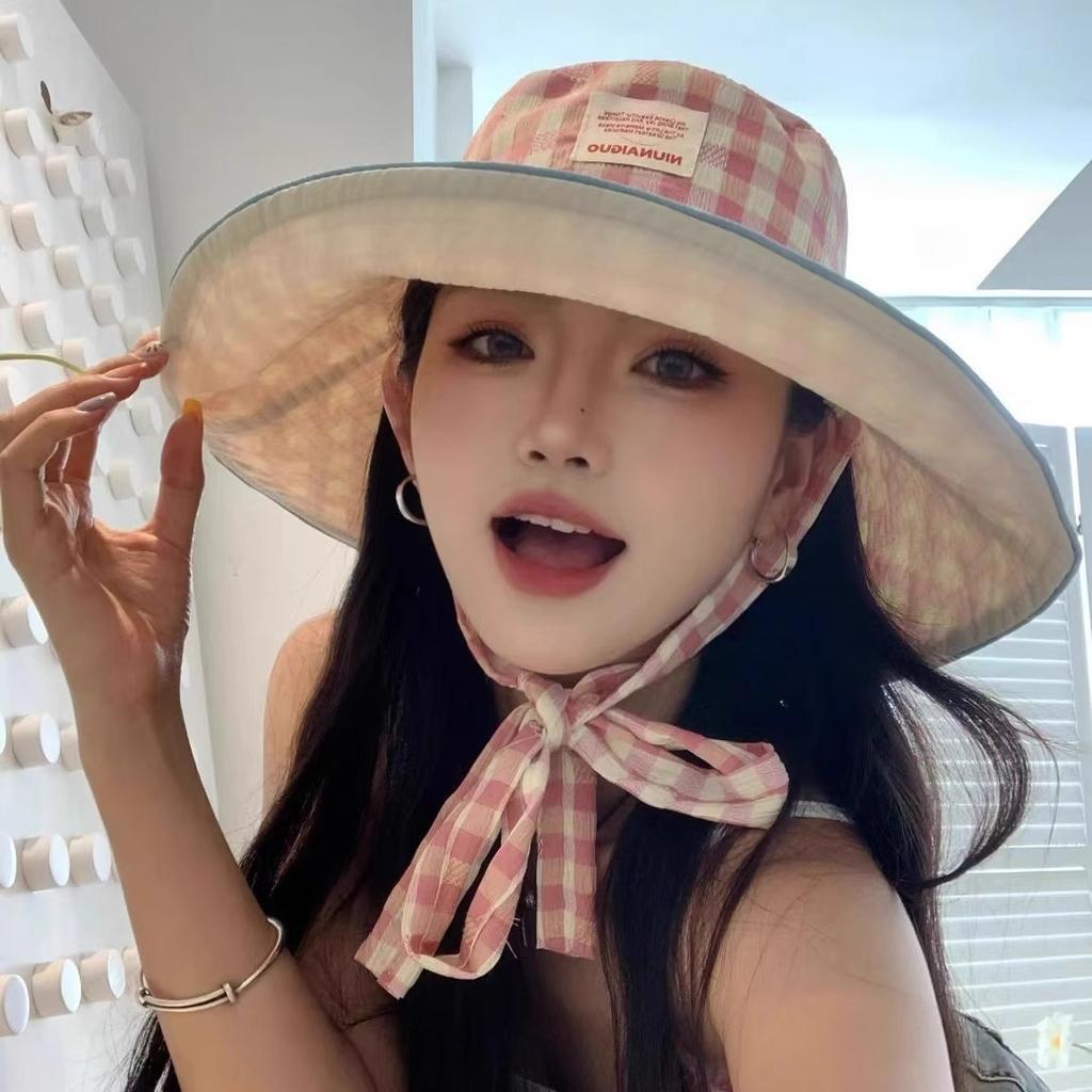 Sweet Plaid Strappy Bucket Hat Korean Version Ins Big Brim Sun Hat Children Fresh and Versatile Double-sided Can Be Worn