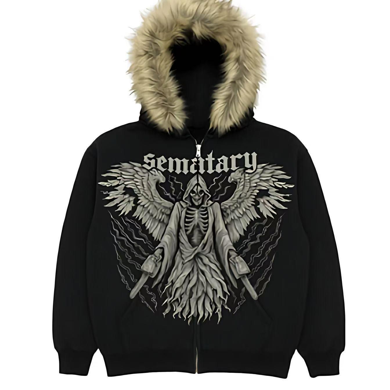 

Men s Trendy Print Fur Collar Hoodie Jacket XXL чорний