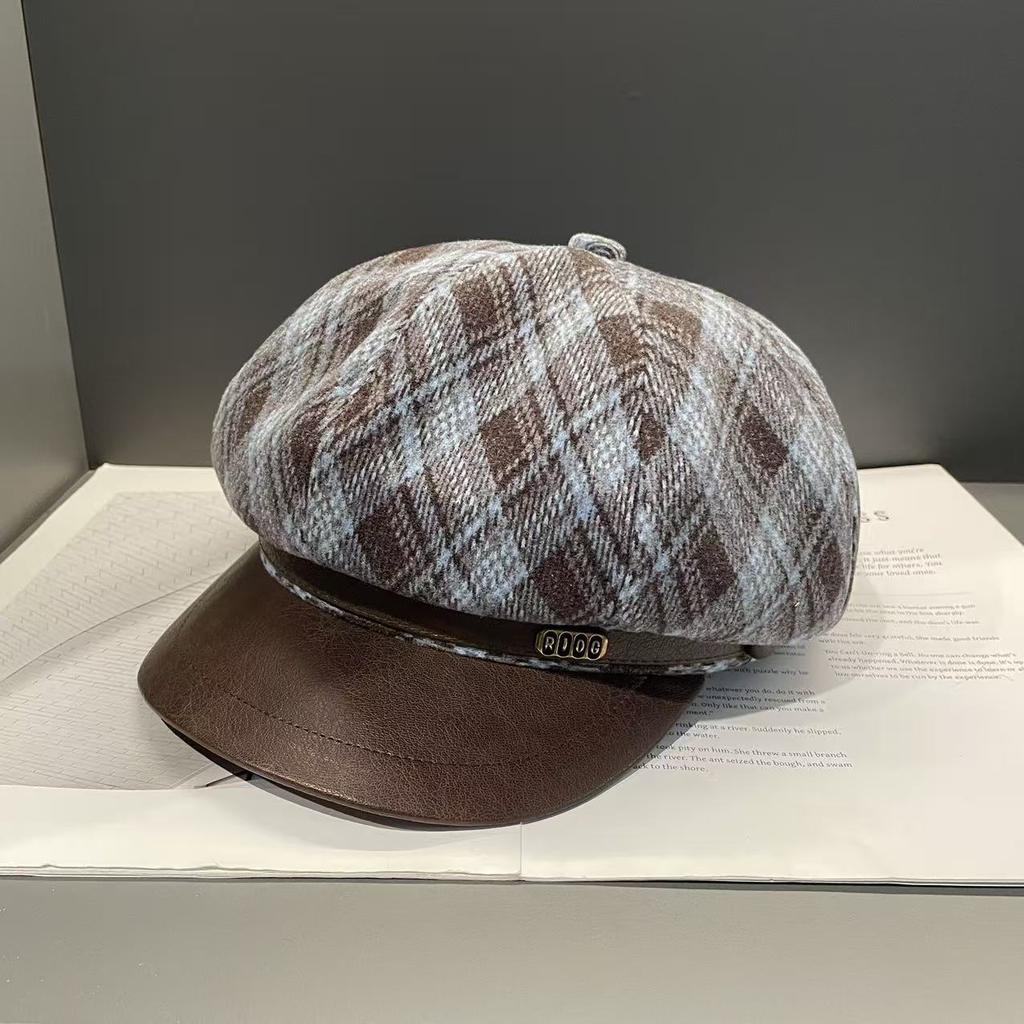 Retro Rhombus Octagonal Hat Autumn and Winter Temperament  British Style Newsboy Hat  Small Duck Tongue Beret  Female Painter Hat