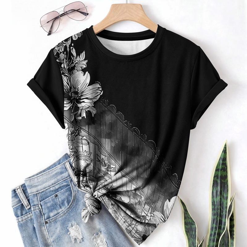 Fashion Women's Crew Neck Short Sleeve 3D Floral Color Printing Floral Short Sleeve Crew Neck T-Shirt