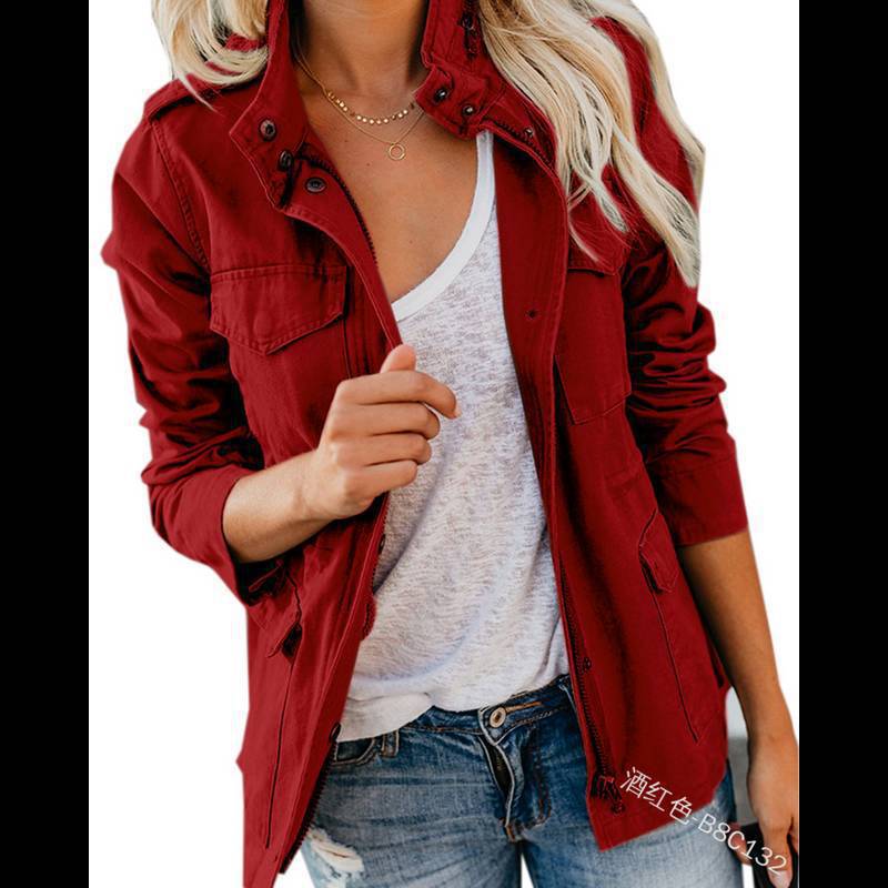Autumn Women Waist Tunic Coats Retro Multi-Pocketed Jacket Turn-Down Collar Button Solid Color Outwear Coats