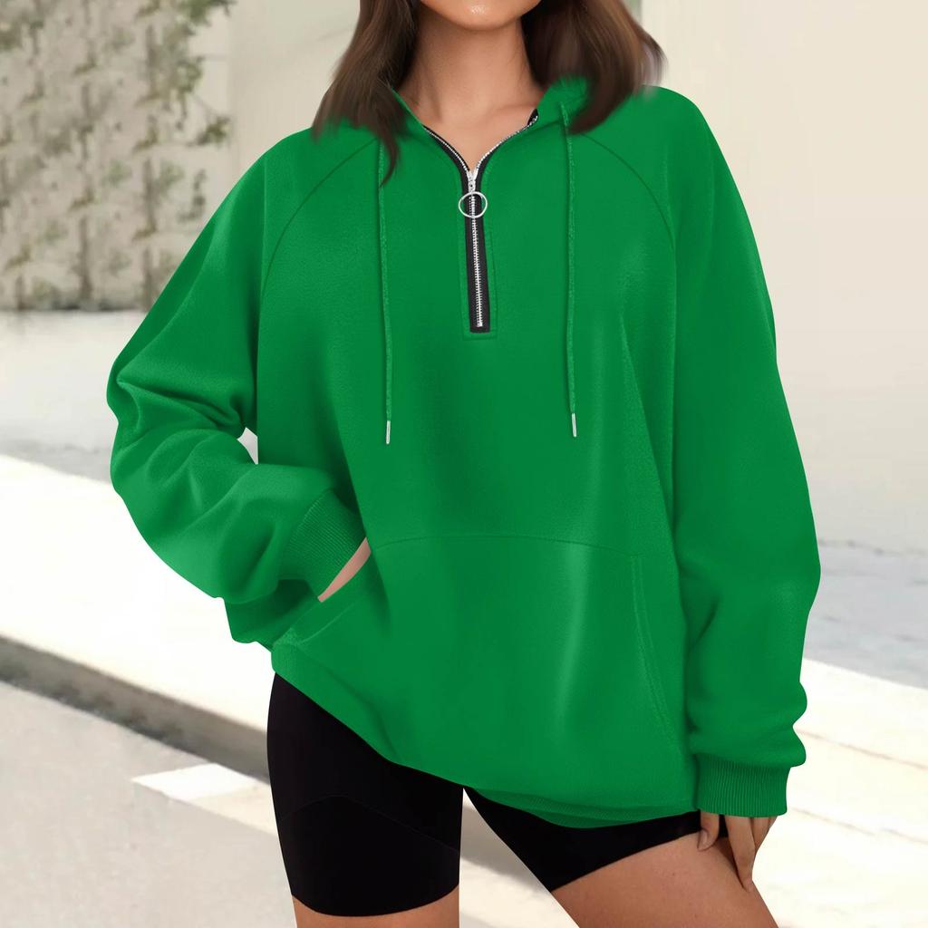 Women's Casual Fashion Long Sleeve Solid Color Zip Hooded Sweatshirt Top With Pocket