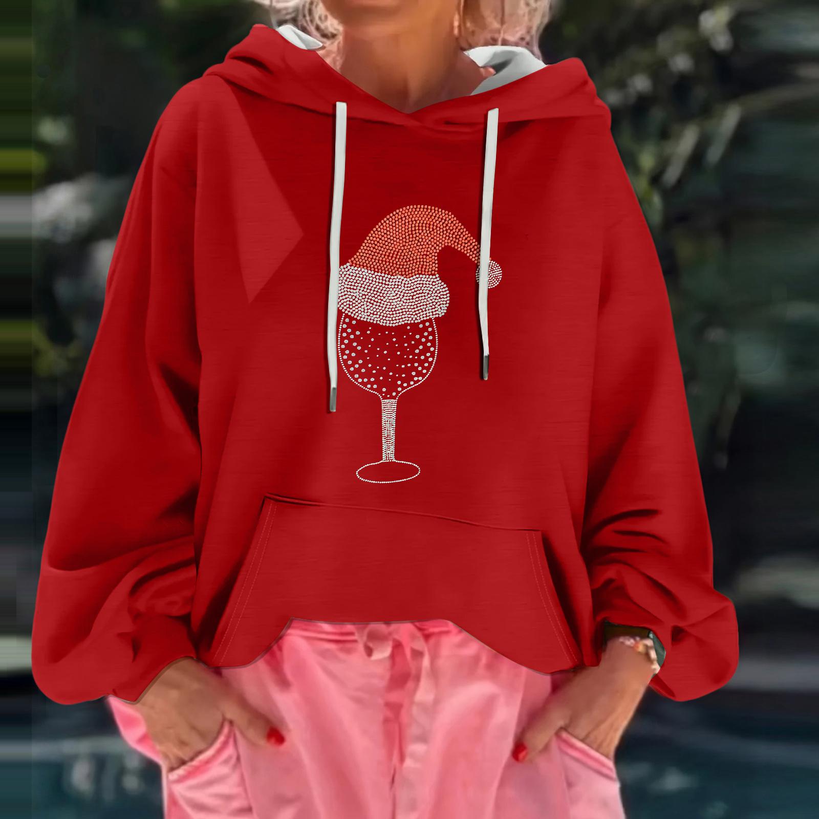 

Женский рождественский принт, свободный повседневный худи с длинным рукавом и капюшоном XL красный