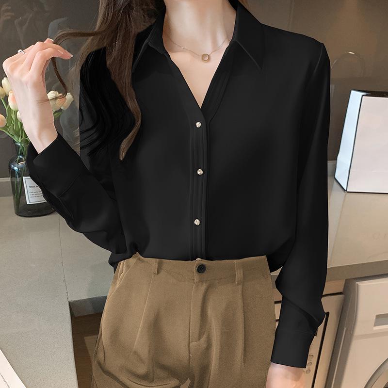 2026 Spring Women's Satin Long Sleeve Shirt with Metal Buckle – Elegant, Slimming Chiffon Design