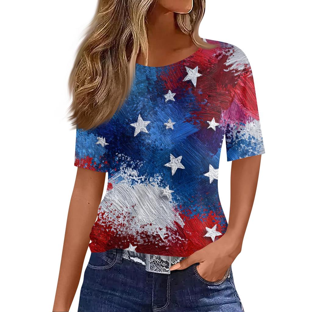 Women's Fashionable Casual Short Sleeve Print Round Neck Pullover Top