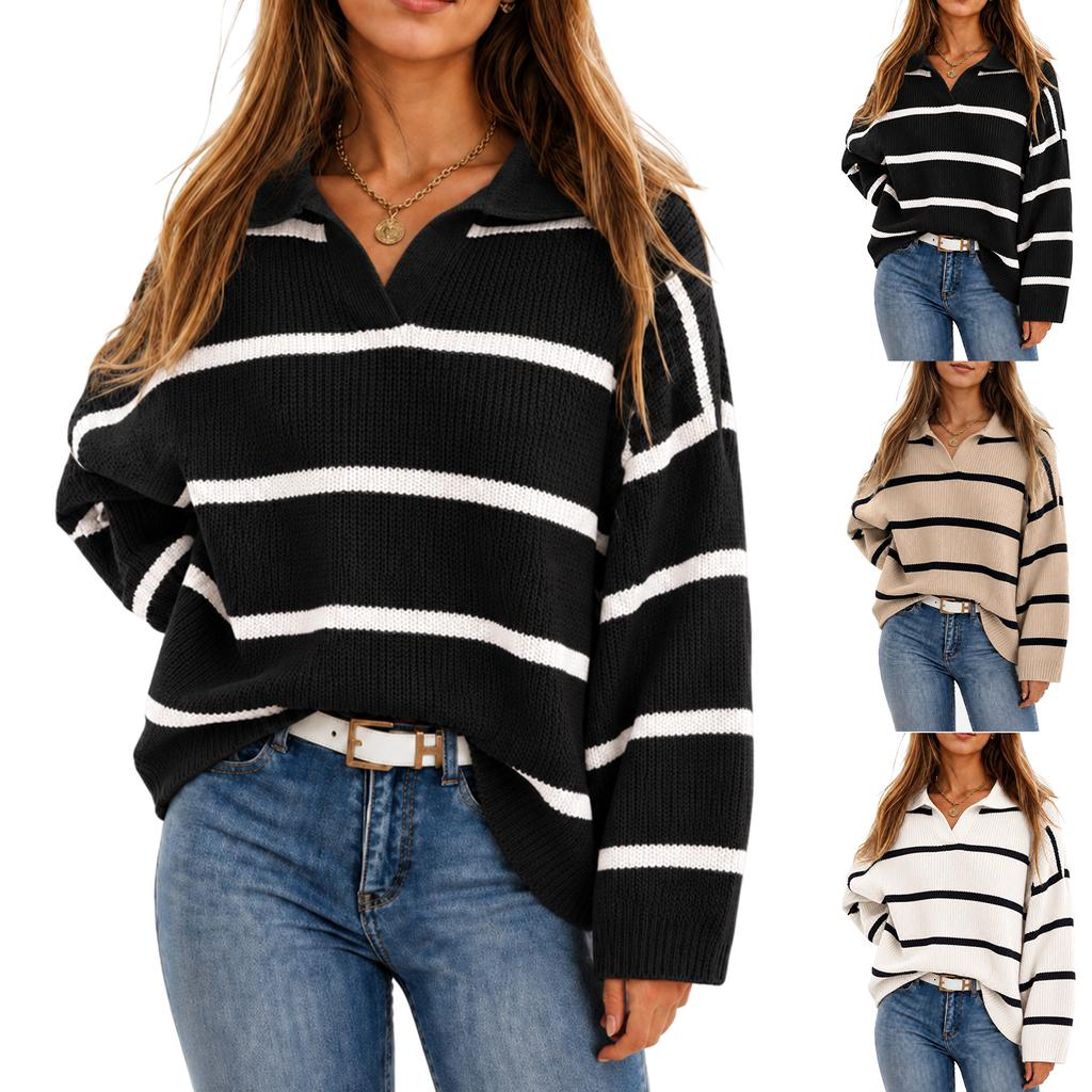 Cross border women's knitted sweater with European and American , casual collar and striped knitted sweater