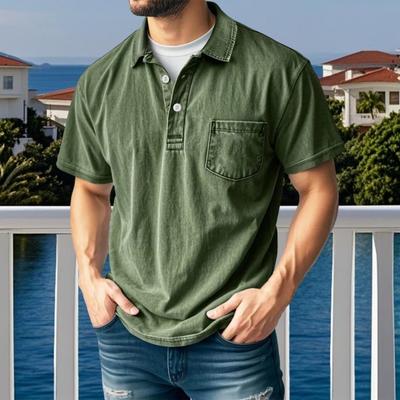Men Distressed Lapel T-Shirt Short Sleeve Casual Tee Shirt Summer Button Up Collar T-Shirt with Pocket for Work Street Daily Wear