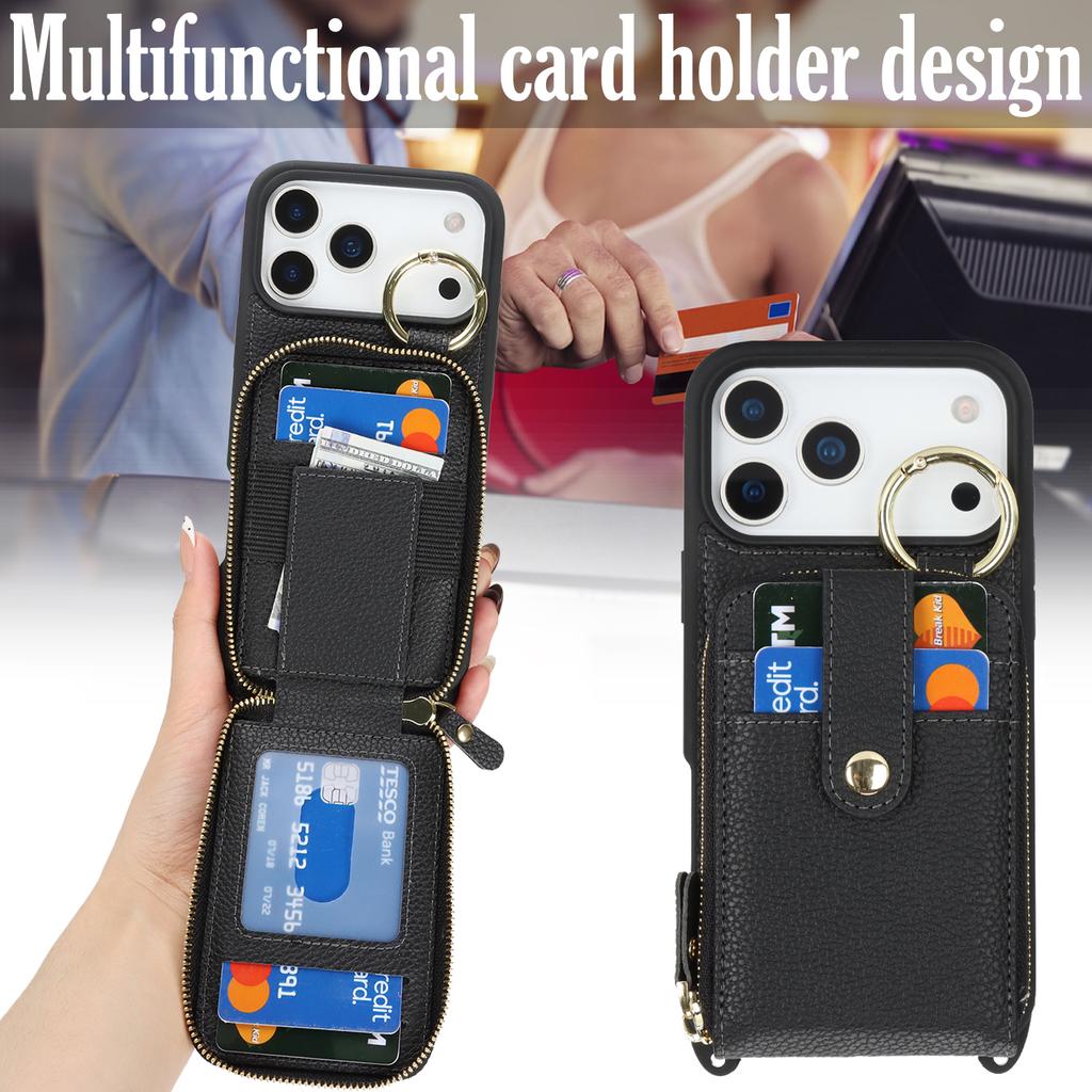For iPhone 17 Pro Max Case with Zipper Pouch / Ring Kickstand / Strap Litchi Texture PU + TPU Phone Cover