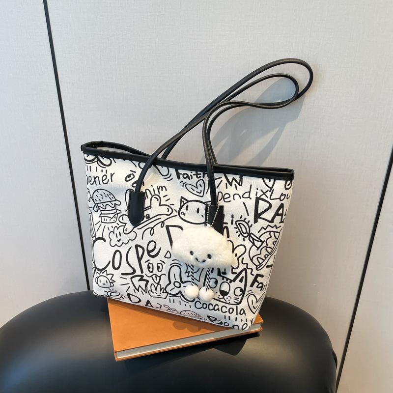Chic 2026 Graffiti Print Faux Leather Tote Bag for Women, Spacious Casual Shoulder Handbag, Trendy Daily Commute Underarm Bag CLE