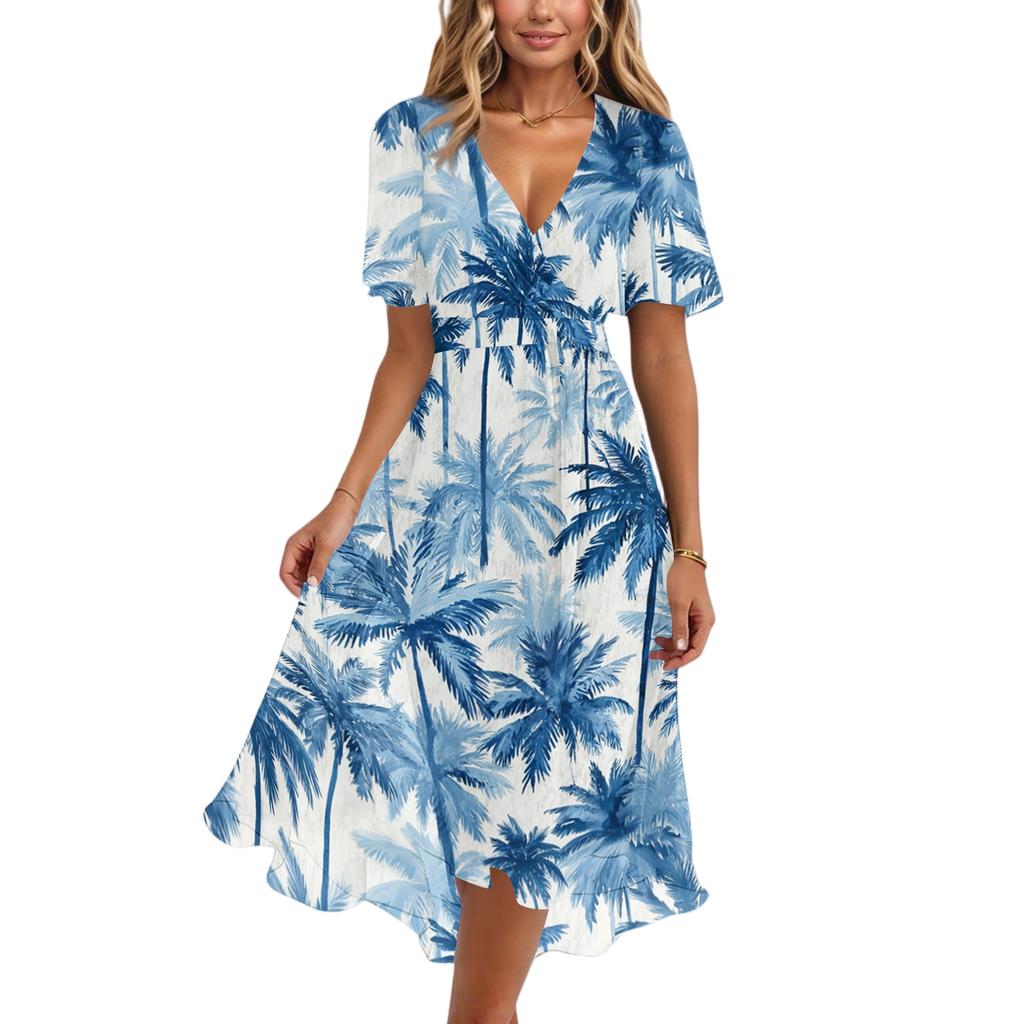 Women's Fashion Casual V Neck Short Sleeve Ruffled Vintage Printed Dresses