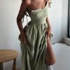 French Vacation Style Sexy Pure Desire Cotton Linen Tie Backless Strap Dress Women's Hot Item