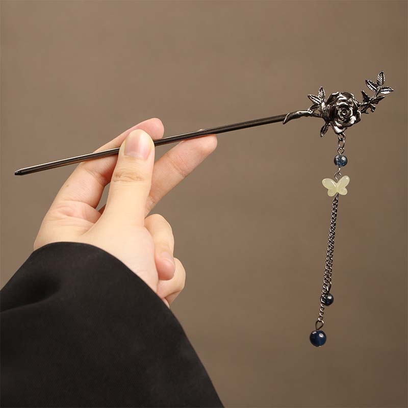

Металлическая заколка для волос в китайском стиле с цветком и бабочкой для женщин, винтажная, с черными бусинами и бахромой, зажим для волос, украшение для ханфу, аксессуары для волос