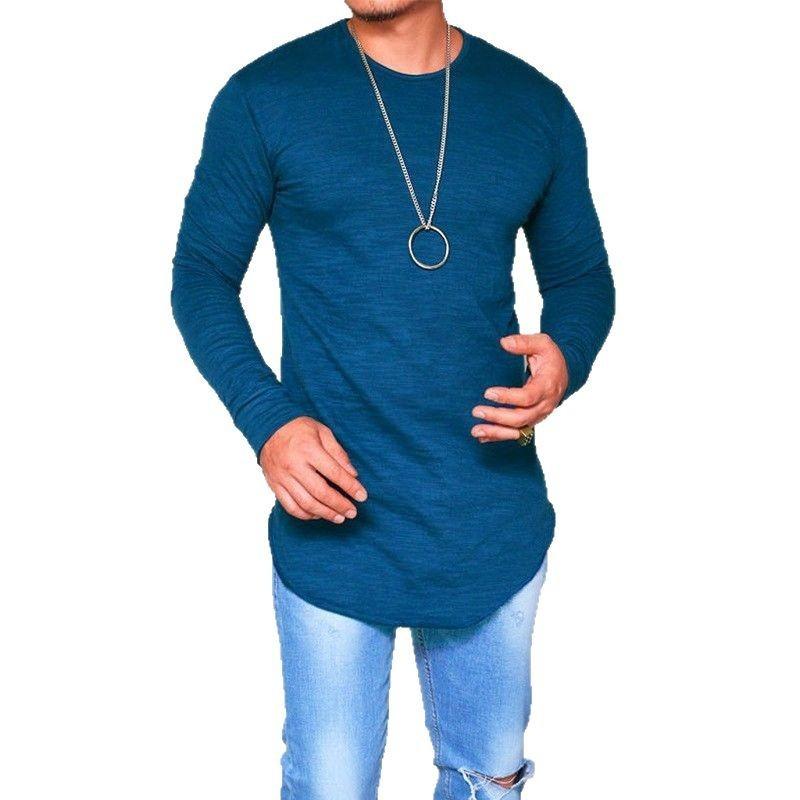 Men Longline Curved Hem Long Sleeve T Shirt Slim Fit Casual Crew Neck Tees
