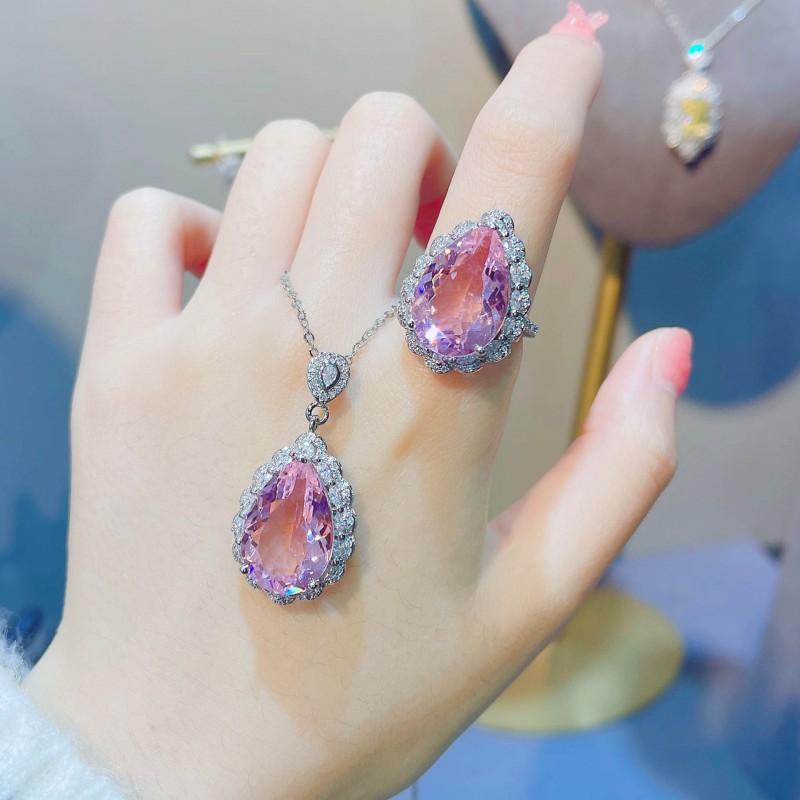 Elegant CZ Gemstone Pendant Necklace Set With Earrings Ring Women Blue Red Yellow Green Purple White Zircon Jewelry