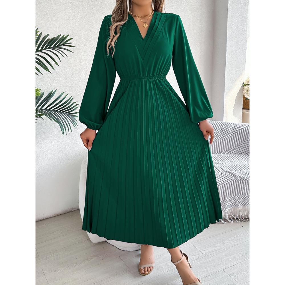 Autumn And Winter New Elegant Triple V-Neck Long Sleeved Waist Cinched Pleated Dress