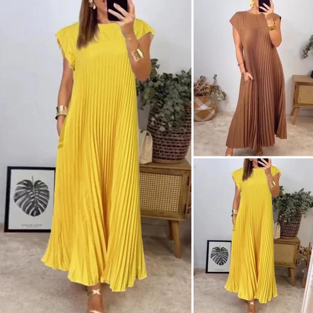 Abito estivo leggero Elegante abito lungo con tasche laterali per donna Traspirante Abito estivo a trapezio per vacanza Spiaggia Monocolore