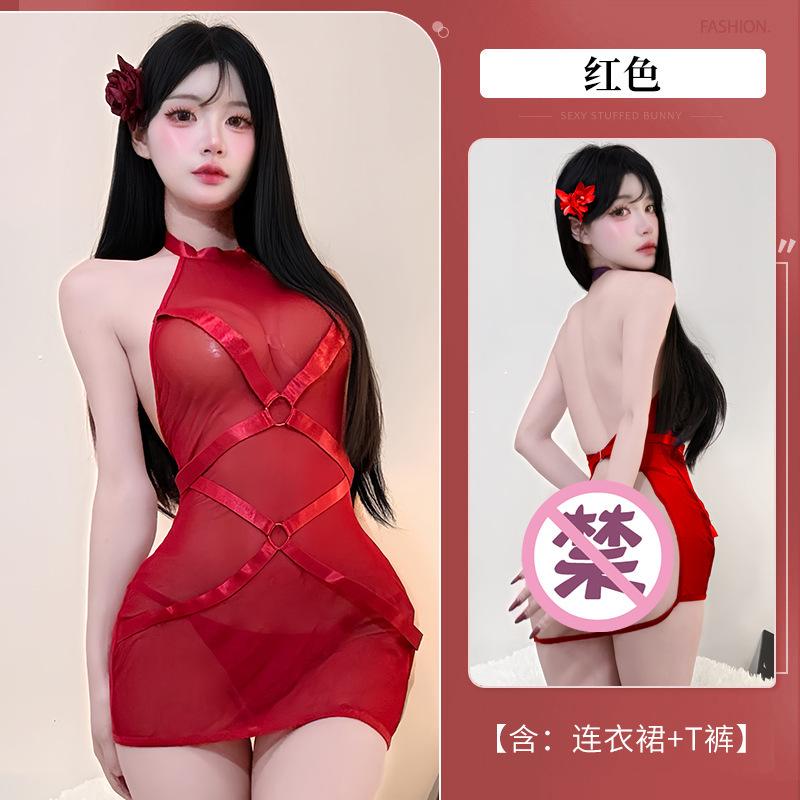 Sexy Hot Girl Mesh Patchwork One-Piece Tie Sleepwear See-Through Hip-Revealing Uniform Nightdress Dress Elegant Fashion AOF9