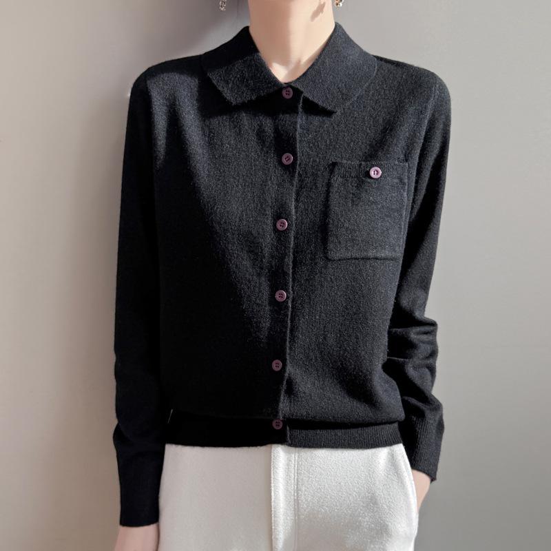 Women's Autumn Lapel Pocket Wool Cardigan – Long Sleeve Solid Color Knit Outerwear