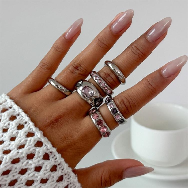 Pack of 6 Adjustable Stackable Rings Featuring Pink Gemstones for Comfort Fit and Multiple Fashion Combinations