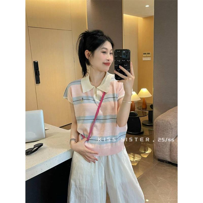 A Korean-style Striped Polo Neck Knitted Short-sleeved Women's Summer Thin T-shirt with A Design Sense and Embroidered Straight Shoulders