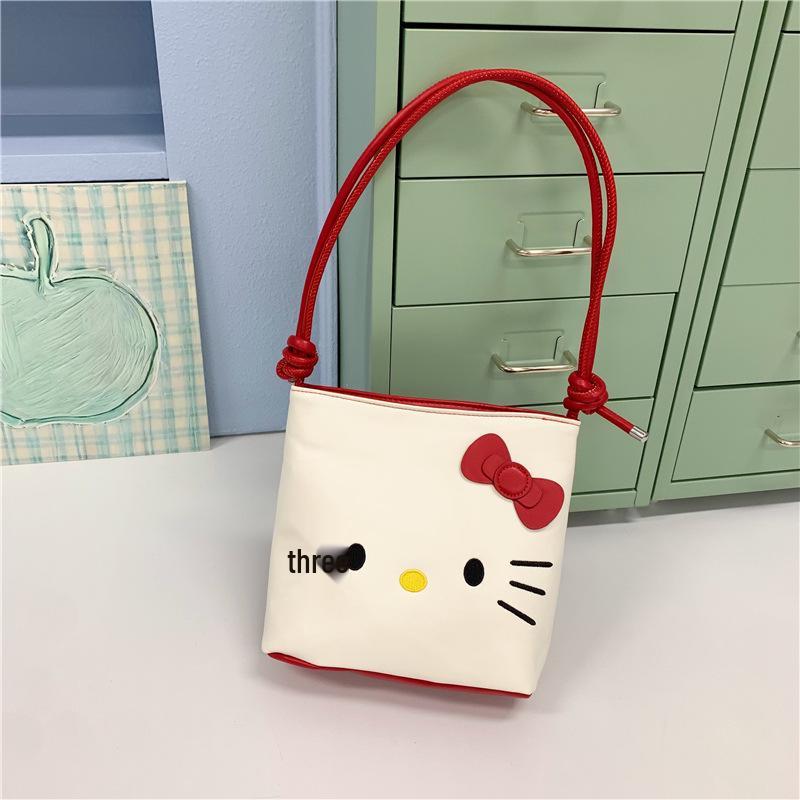 Korean Cute Cat Embroidery Bucket Bag - Stylish Cartoon Shoulder Bag for Women & Students