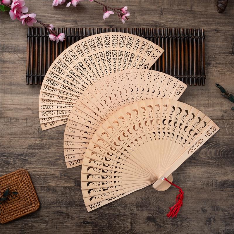Chinese StyleHand Held Fan Carved Fragrant Wooden Folding Fan Portable Vintage Hollow Antiquity Folding Fan Home Wedding DecoR