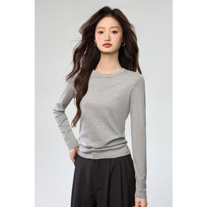 Combed Cotton Solid Simple Round Neck Long Sleeve Women T Shirt Basic Top