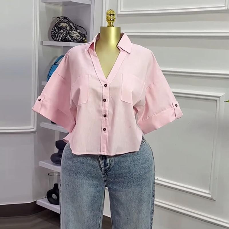 Women s 2026 Summer New Design Loose Fit Versatile Fashionable Short Collared Shirt Top S розовый