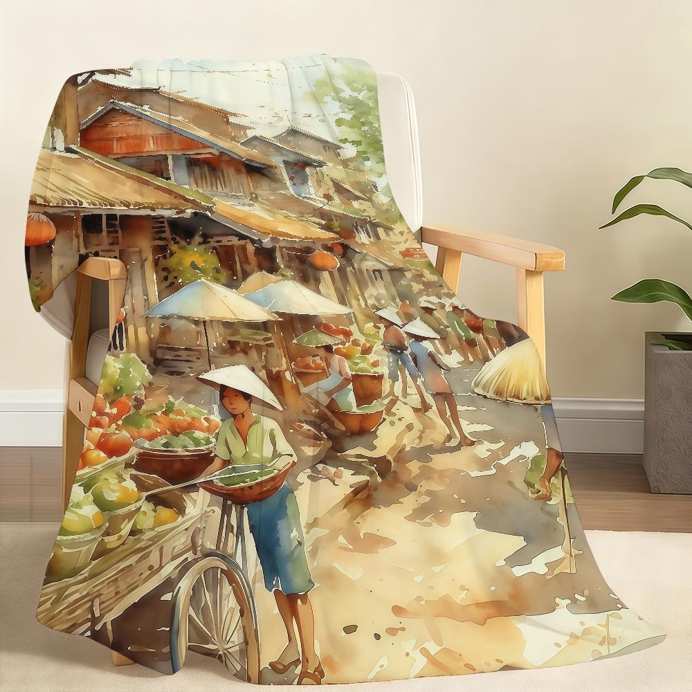 Vietnamese Village landscape illustration Blanket For Soft Throw Blanket for Picnic Bed Sofa Home Bedroom Cozy Warm Comfortable