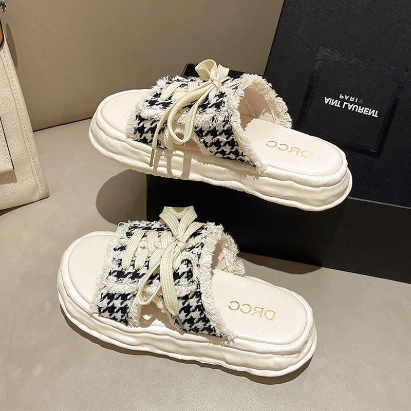 One-word Canvas Slippers Women's Summer Outer Wear 2025 New Thick-soled Versatile Super Fire-soluble Fashion Unsoled Sandals Women