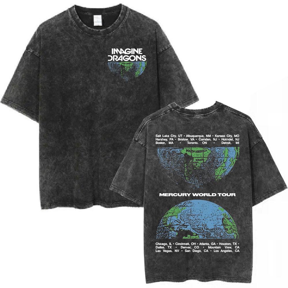 Imagine Dragons Band Loom World Tour Vintage Washed T Shirt Men Women Clothes Fashion Hip Hop Tshirt Cotton Loose Tshirts