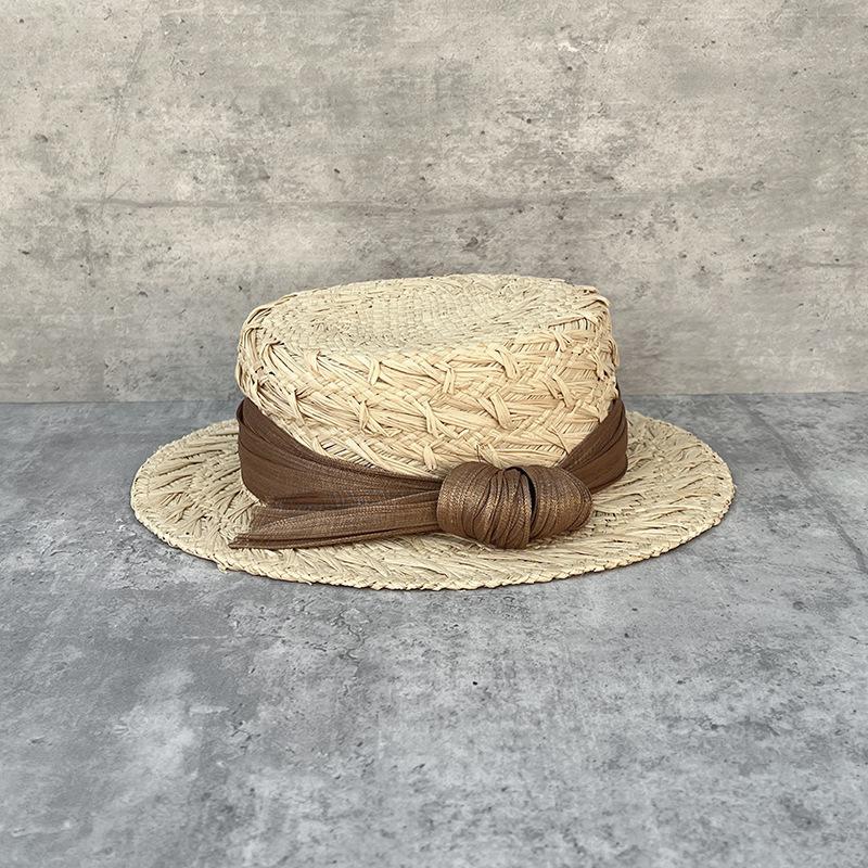 25 Light Luxury Hand-Woven Raffia Flat Top Straw Hat Women'S Summer Travel Simple Top Hat Sun Hat