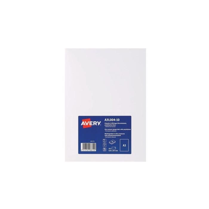 AVERY 10 Etiquettes dAffichage Format A3 (420x297mm) - Autocollant Permanent - Impression Laser, Jet dEncre -