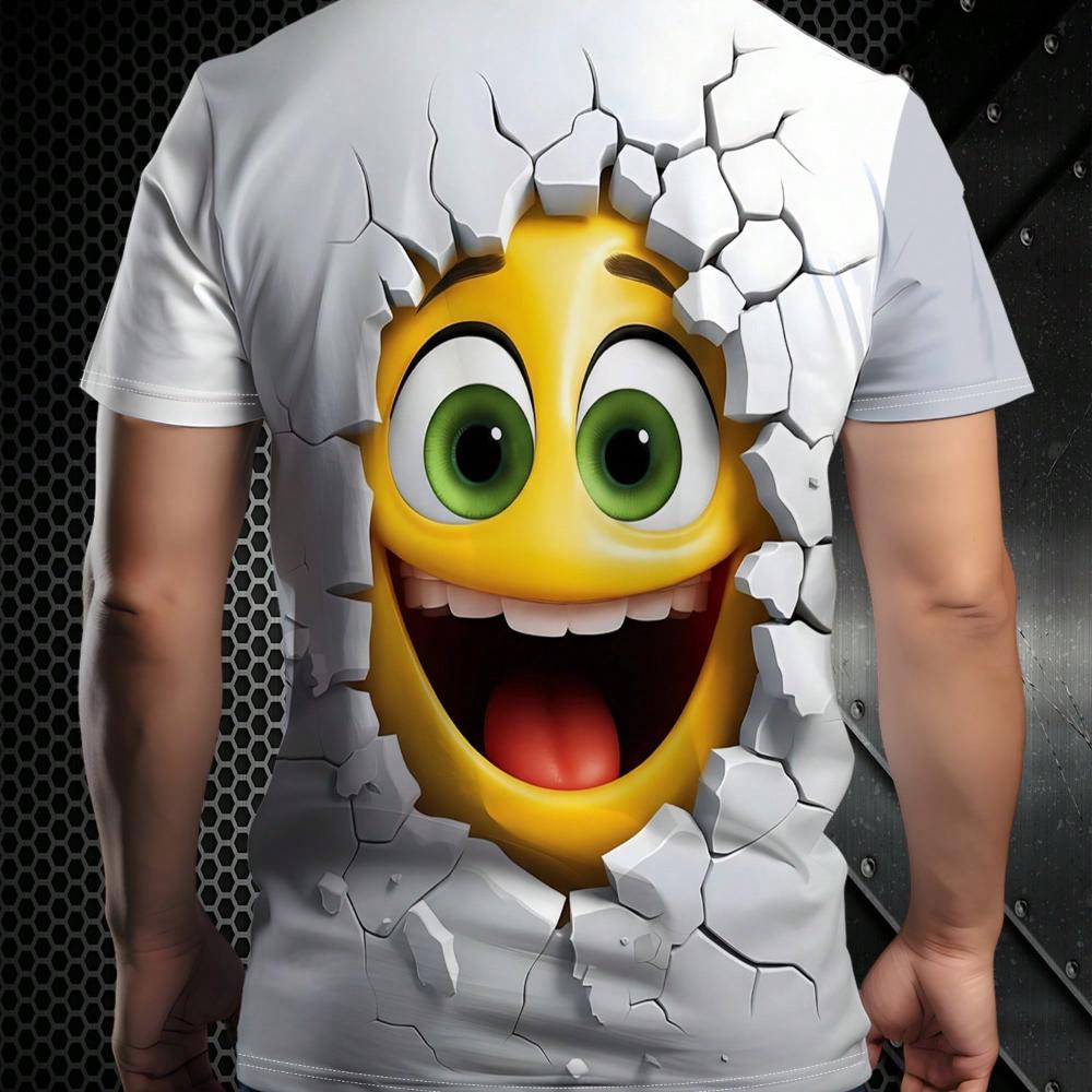Unique Broken Wall Cute Expression 3D Print Round Neck Short Sleeve White T-Shirt, 100% Polyester women men comfortable for summer