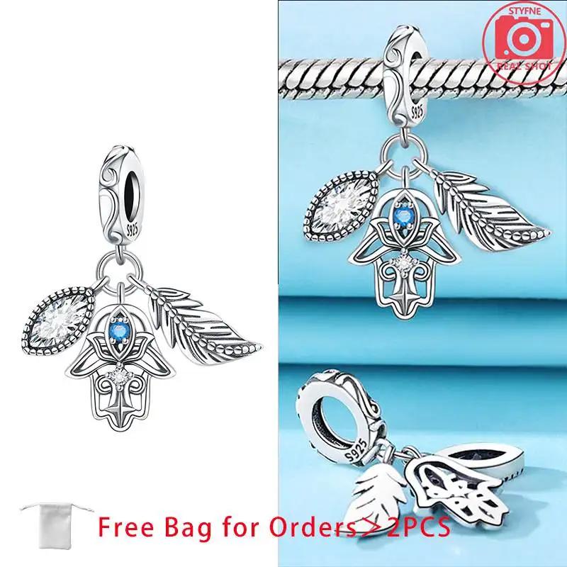 Charm Bead Components Shiny Zircon Blue Devil's Eye and Fatisha's Hand Bead Components Copper Metal Pendant Bead Component Compatible With Do It
