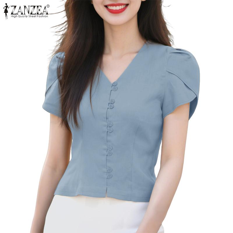 ZANZEA Women Casual V-Neck Summer Short Sleeve Plain Blouse