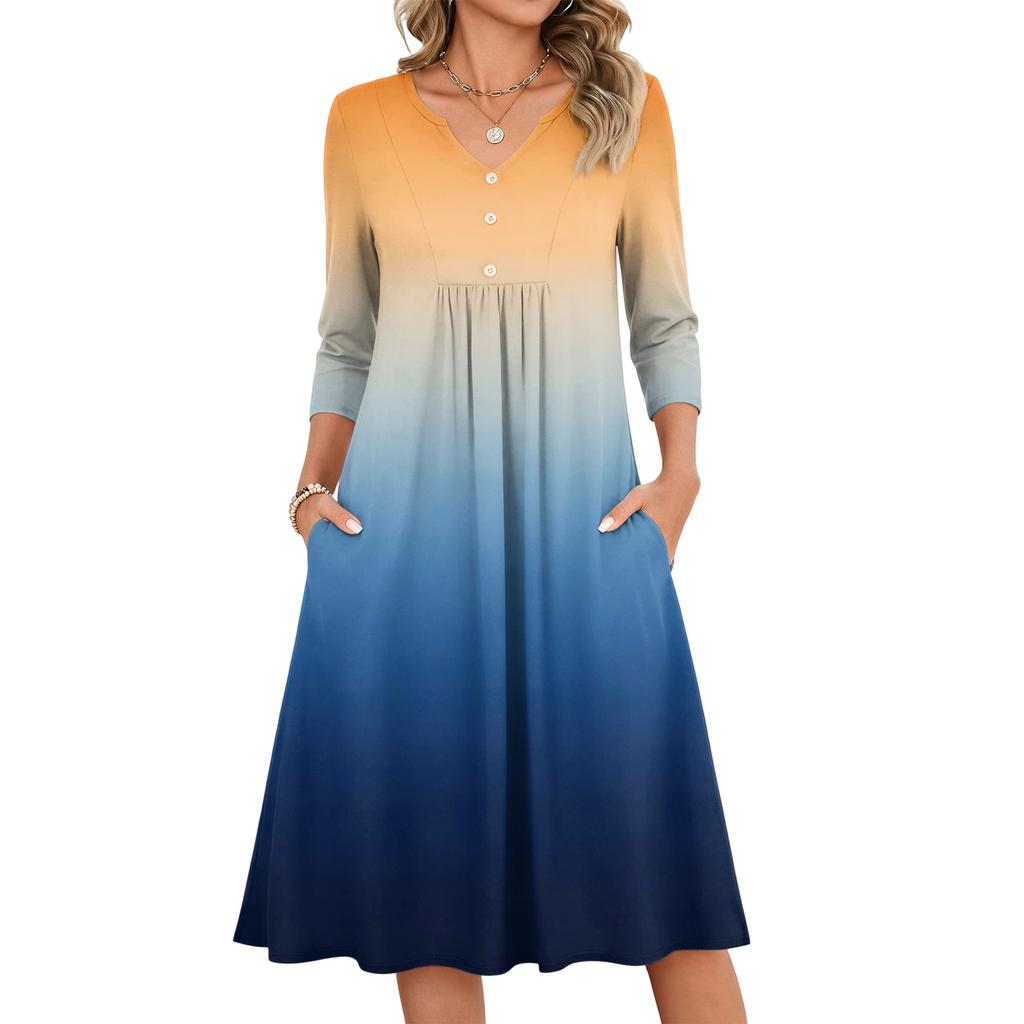 Women's Casual V-Neck Dress with Three-Quarter Sleeves and Gradient Print