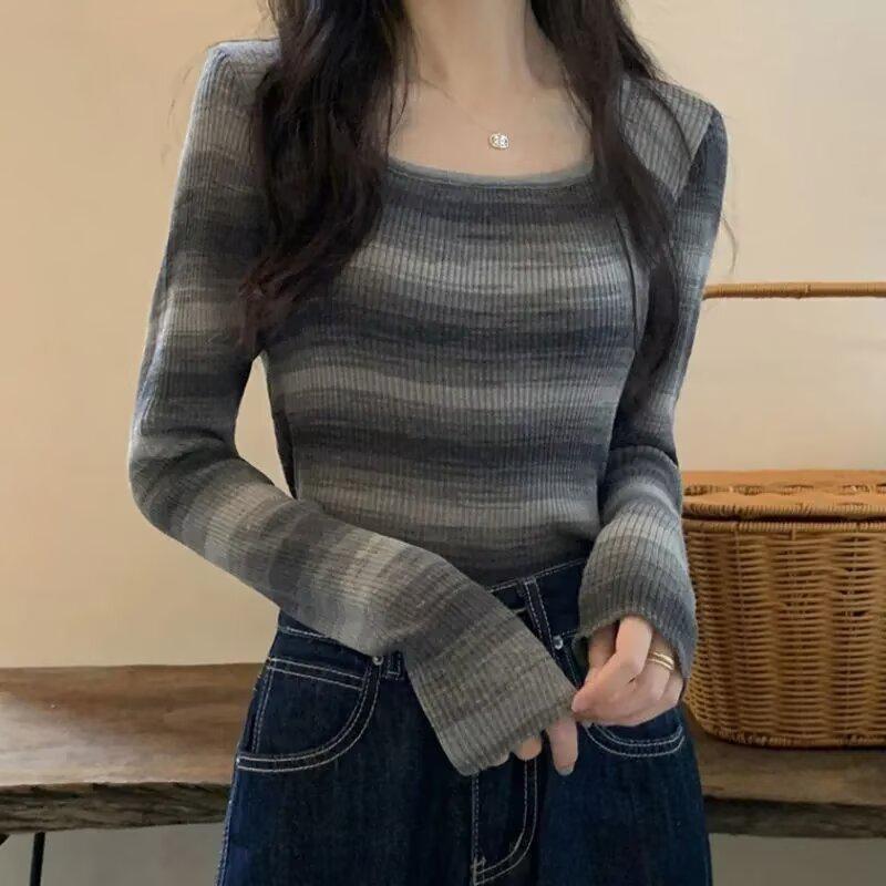 Square Neck Striped Long Sleeve Knit Top for Women - 2026 Autumn/Winter Slimming, Figure-Flattering Base Layer