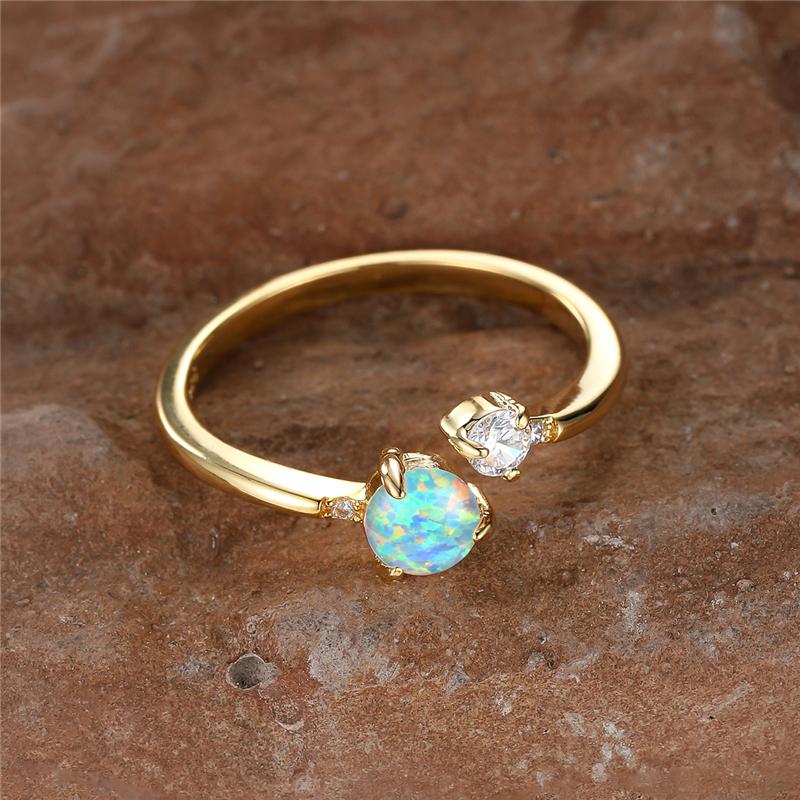 Cute Female Small Round White Fire Opal Stone Adjustable Ring Yellow Gold Color Open Wedding For Women