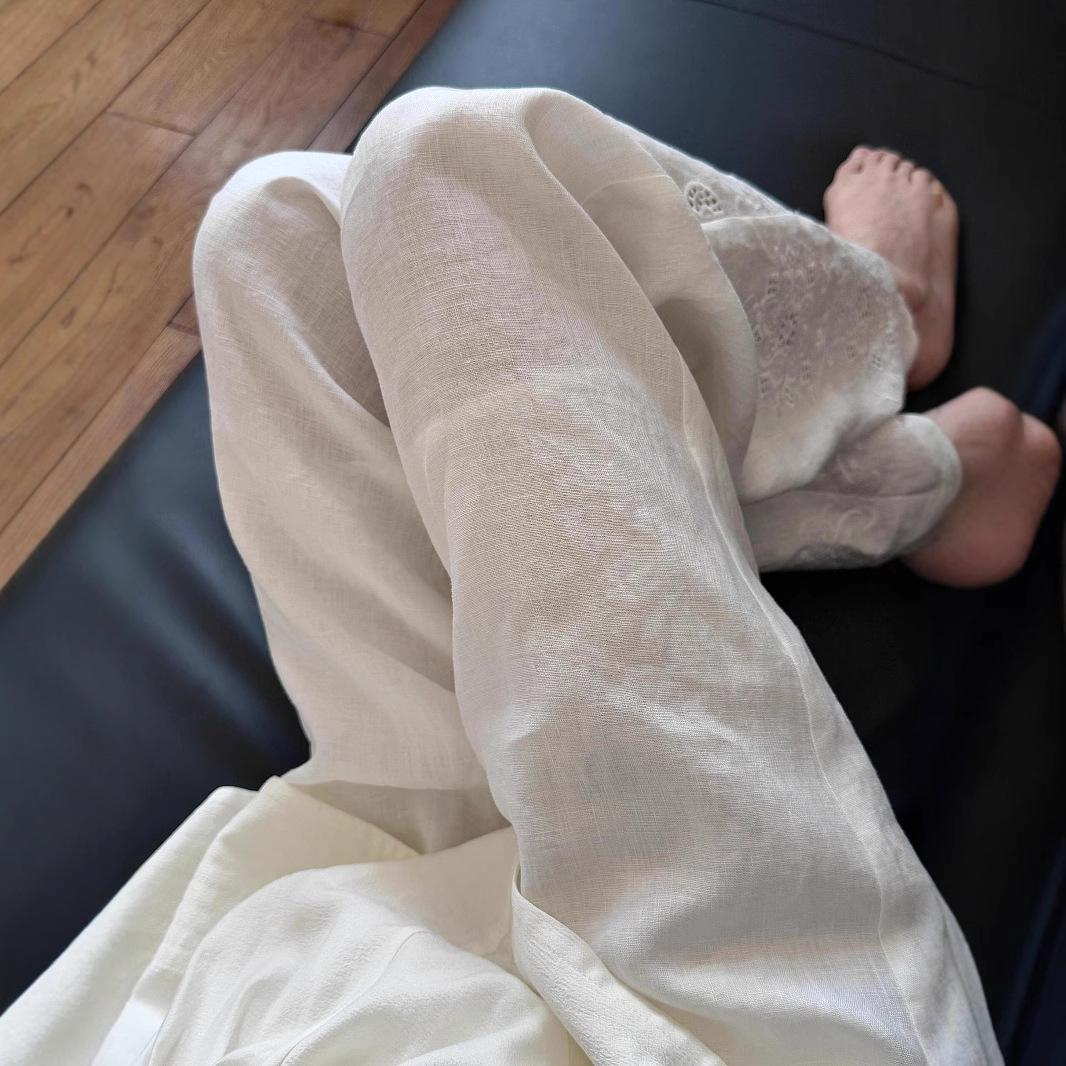 Women s Spring/Summer Relaxed Linen Embroidered Pants Stylish Casual Straight-Leg Pants S
