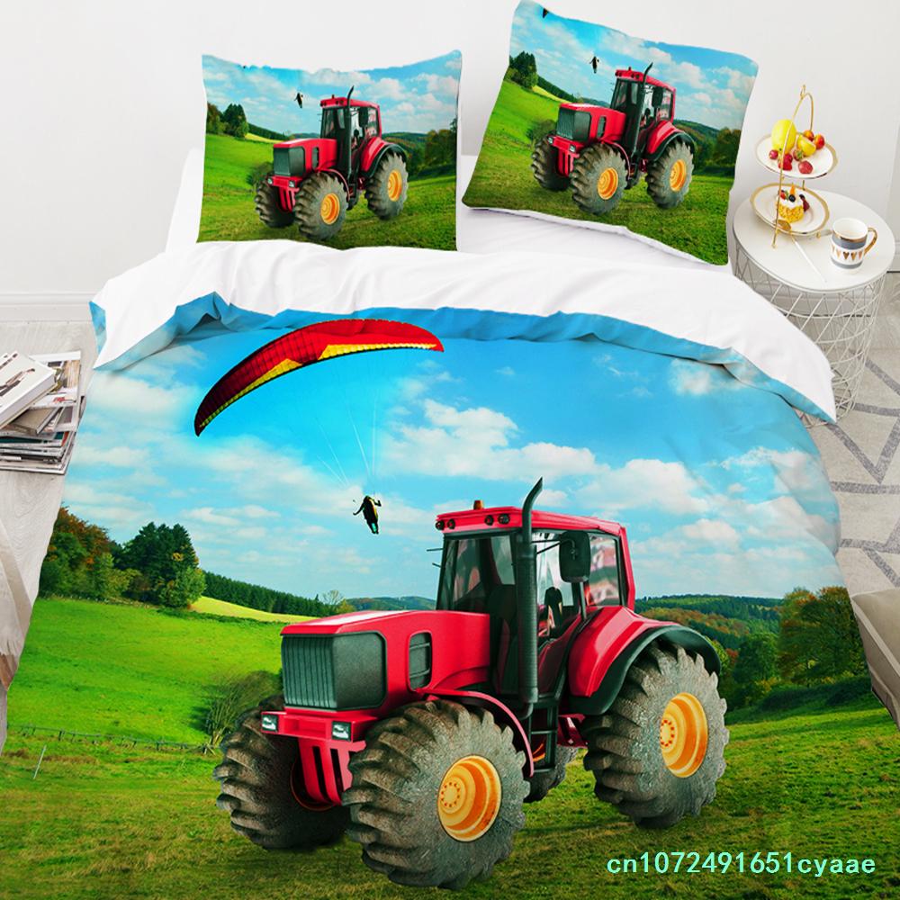 Tractor King Queen Duvet Cover Kids Car Excavating Machinery Bedding Set Farm Vehicle Tool Quilt Cover Polyester Comforter Cover