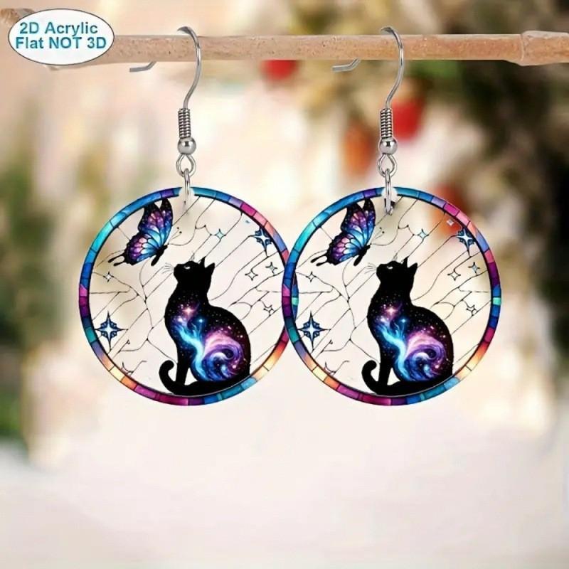 1 pair of Van Gogh starry sky pattern acrylic earrings, moon black cat unique ladies earrings, very suitable for daily party wea