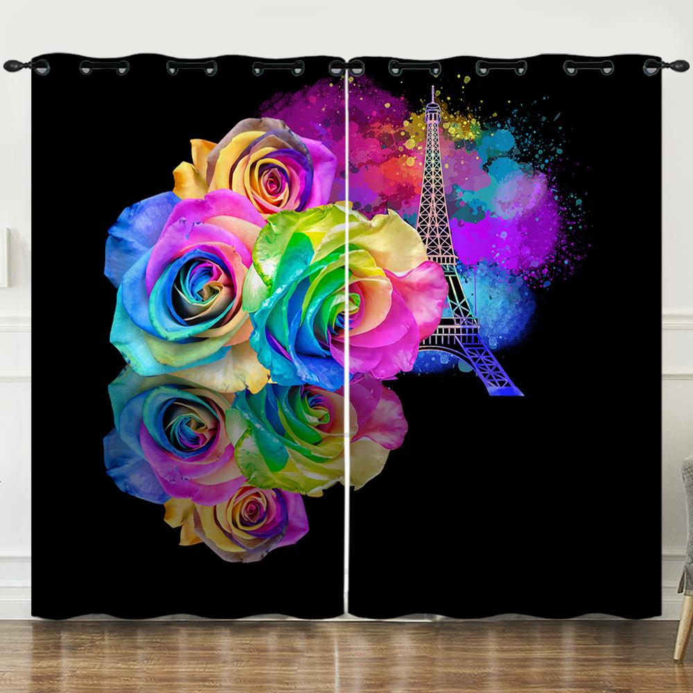 Curtains Small Daisies Black Bouquet 3D Digital Printing Blackout Curtain Punching