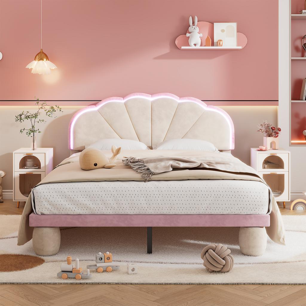 Upholstered Bed with Multicolor, Changing Light Strips, Headboard, with Upholstered Round Legs, Youth Bed, Double Bed, Velvet, Beige+pink, 140x200cm