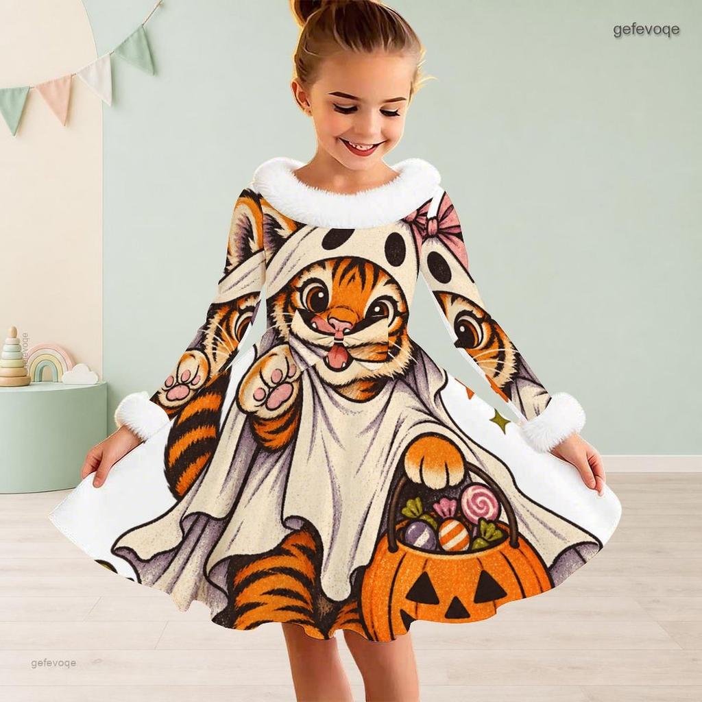 Girls High Neck Furry Trim Long Sleeve Halloween Tiger Printed A Line Flared Dress
