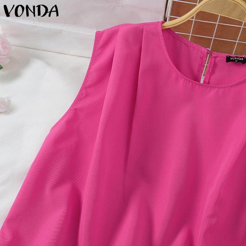 VONDA Women Summer Round Neck Sleeveless Solid Color Vests