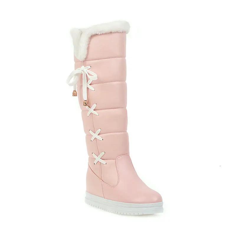Winter Plush Warm Women Boots Comfortable Flat Knee High Boots Zipper Snow Boots Women Black White Pink Big Size 41 42 43