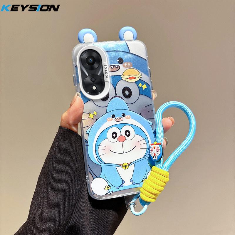 KEYSION Cute Ear Cartoon Case for OPPO A58 4G A38 A18 with Lanyard Soft Silicone+PC Shockproof Phone Back Cover for OPPO A17 A17K